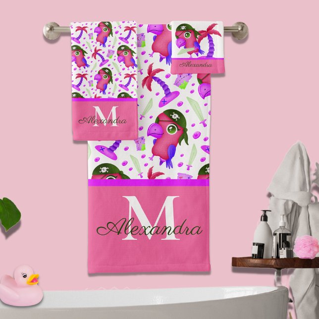 Kid's Nautical Pink Purple Pirate Parrot  Bath Towel Set (Creator Uploaded)