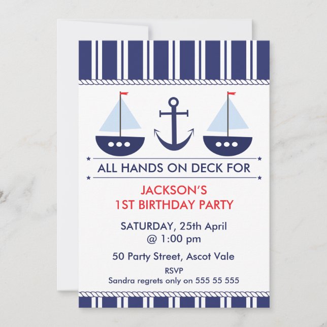 Kids Nautical Sail Boat Anchor Birthday Invitation (Front)