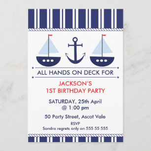 Kids Nautical Sail Boat Anchor Birthday Invitation