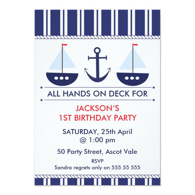 Kids Nautical Sail Boat Anchor Birthday Invitation