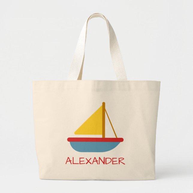 Kids Nautical Toy Sailboat Personalized Toy Large Tote Bag (Front)