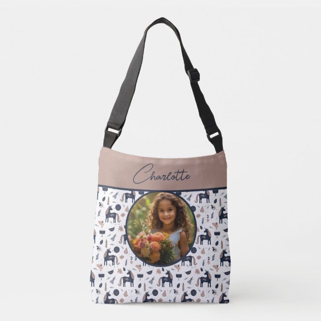 Kids Navy Beige Unicorn Custom Photo with Name Crossbody Bag (Front)