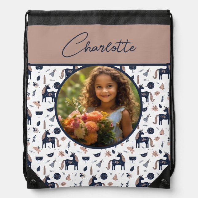 Kids Navy Beige Unicorn Custom Photo with Name Drawstring Bag (Front)