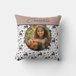 Kids Navy Beige Unicorn Custom Photo with Name Throw Pillow