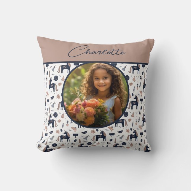 Kids Navy Beige Unicorn Custom Photo with Name Throw Pillow (Front)