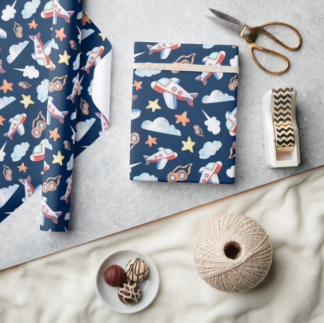Kids Navy Blue Aeroplane Wrapping Paper (Crafts)