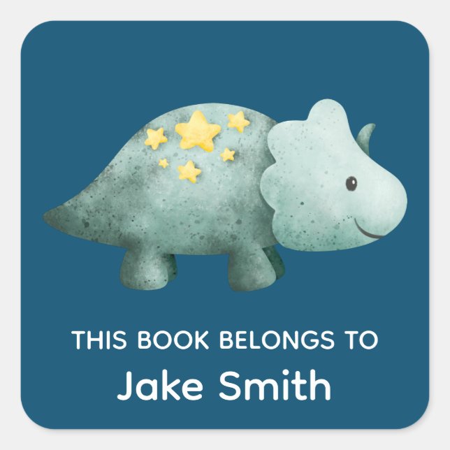 Kids Navy Blue Dinosaur and Name School Books Square Sticker (Front)