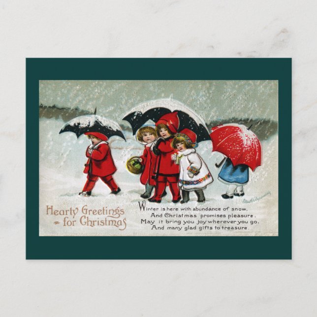 Kids Neath Umbrellas in the Snow Holiday Postcard (Front)