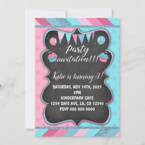 Kids neutral colorful bold wih black board invitation