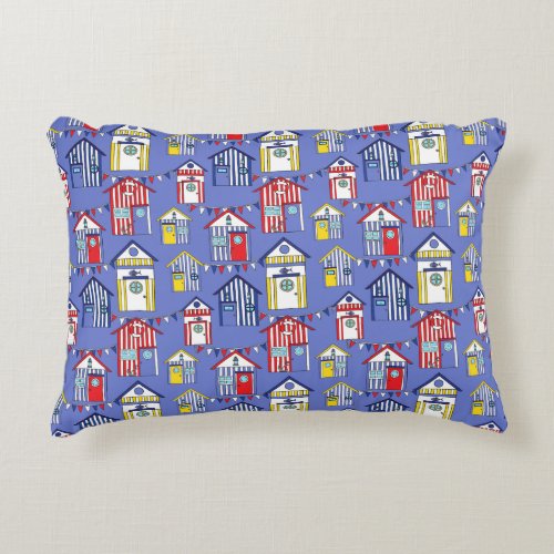 Kids Nursery Red White and Blue Beach Huts Print Accent Pillow