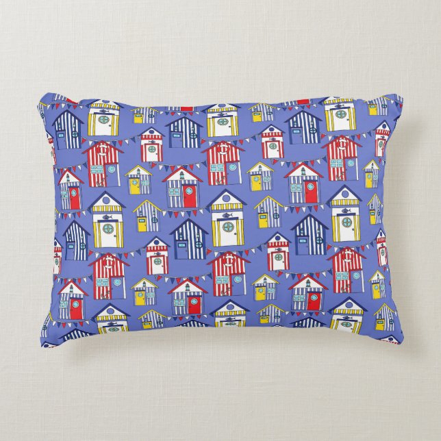 Kids Nursery Red White and Blue Beach Huts Print Accent Pillow (Front)
