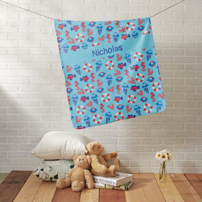 Kids Ocean Elements Pattern Personalized Baby Blanket (In Situ)