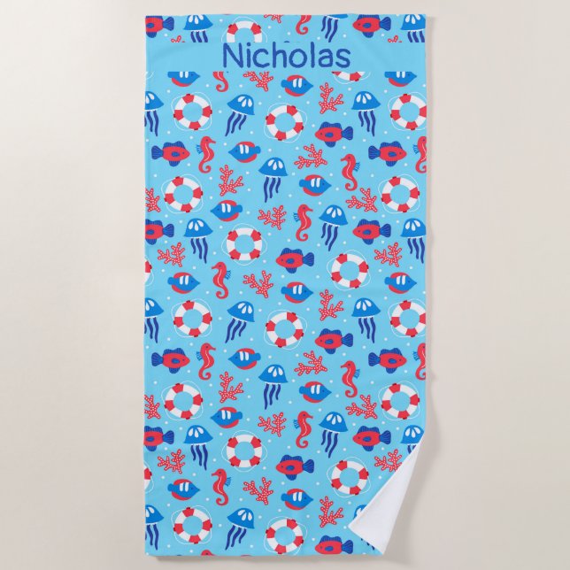 Kids Ocean Elements Pattern Personalized Beach Towel (Front)