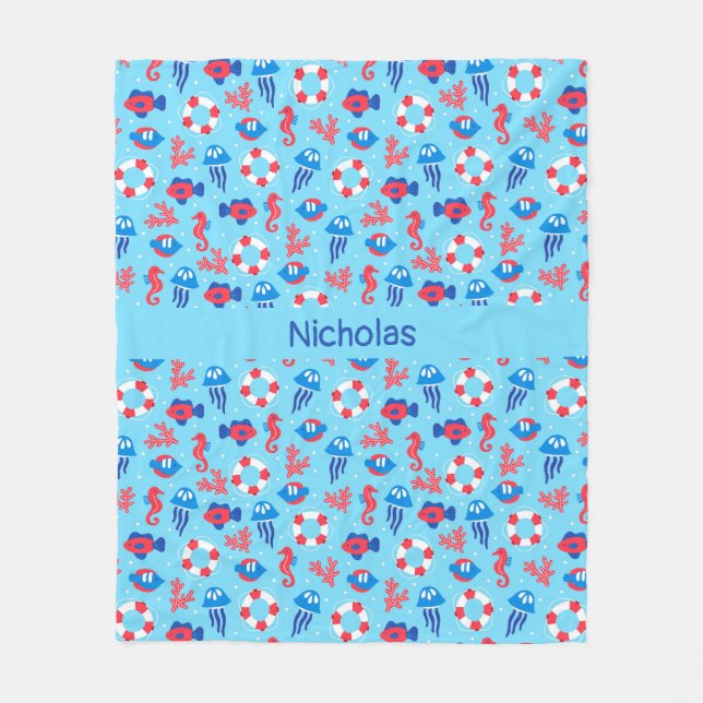Kids Ocean Elements Pattern Personalized Fleece Blanket (Front)