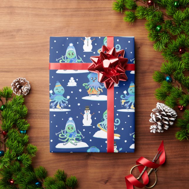 Kids Octopus Winter Sports Funny Animal Wrapping Paper (Holiday Gift)