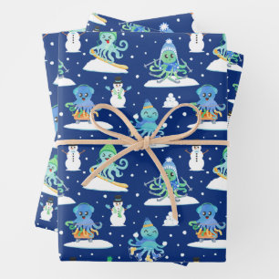 Kids Octopus Winter Sports Funny Animal Wrapping Paper Sheets