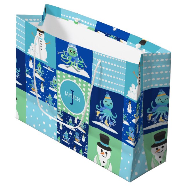 Kids Octopus Winter Sports Patchwork Personalized  Large Gift Bag (Front Angled)