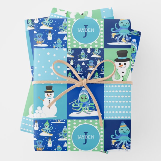 Kids Octopus Winter Sports Patchwork Personalized  Wrapping Paper Sheets (In situ)