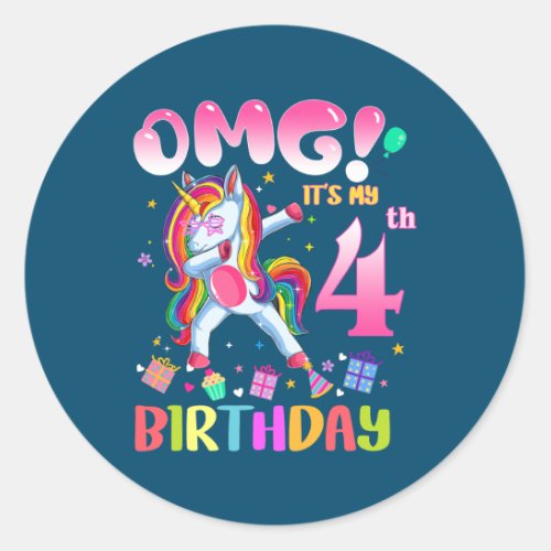 Kids OMG Its My 4th Birthday Girls Dabbing Classic Round Sticker
