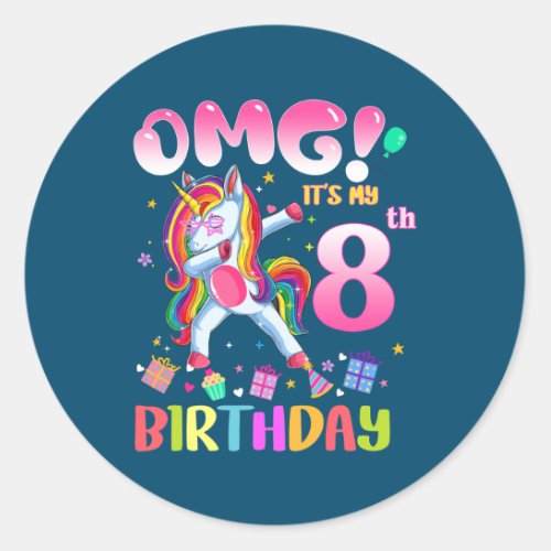 Kids OMG Its My 8th Birthday Girls Dabbing Classic Round Sticker