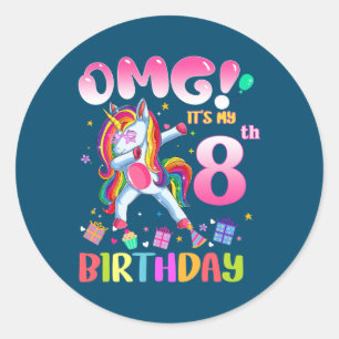 Kids OMG It's My 8th Birthday Girls Dabbing Classic Round Sticker