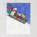 KIDS ON SLED postcard by Nicole Janes<br><div class="desc">A little boy,  a little girl and a happy snowman shoot down a hill on a sled.</div>