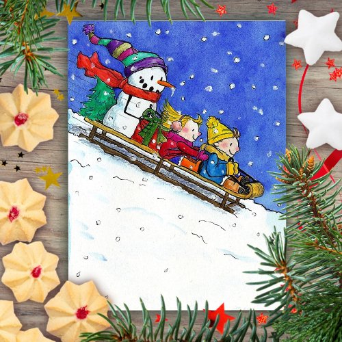 KIDS ON SLED postcard by Nicole Janes