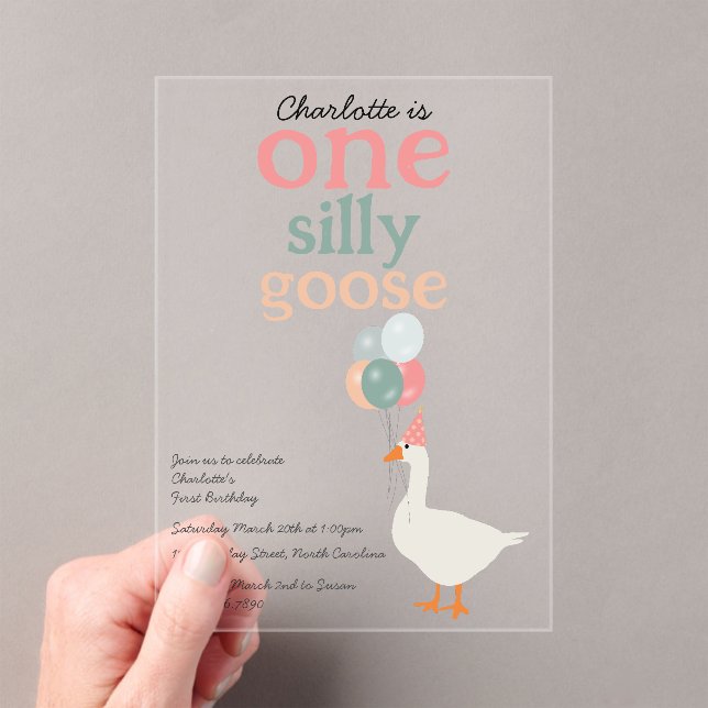 Kids One Silly Goose 1st Cute Birthday Party Acrylic Invitations (Insitu (Handheld))