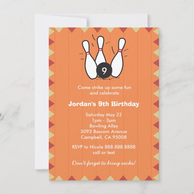 Kid's or Adults Bowling Birthday Party Invitation (Front)