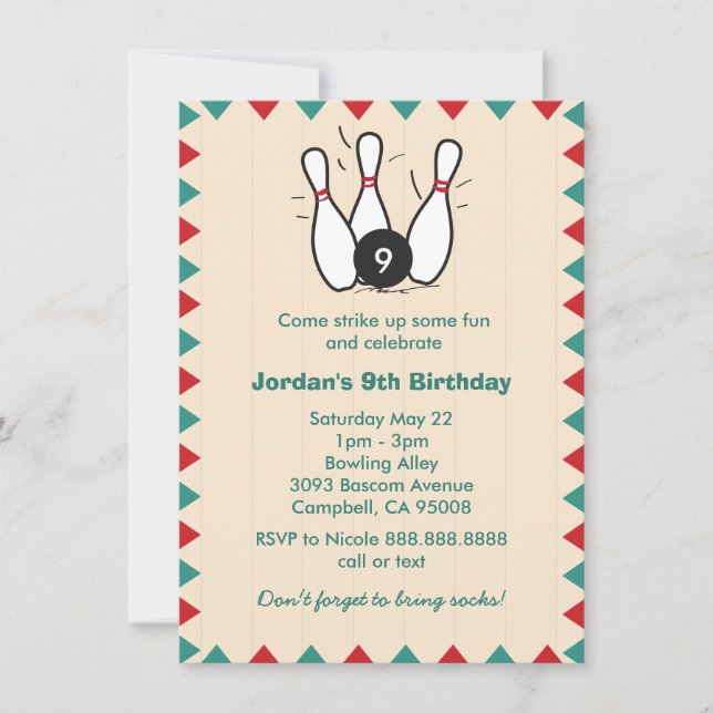 Kid's or Adults Retro Bowling Birthday Party Invitation (Front)