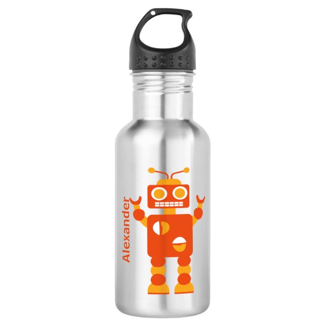 Kids Orange Crazy Boy Robot Personalized Water Bottle (Front)