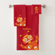 Kids Orange Red Robot Personalized Fun Bath Towel Set