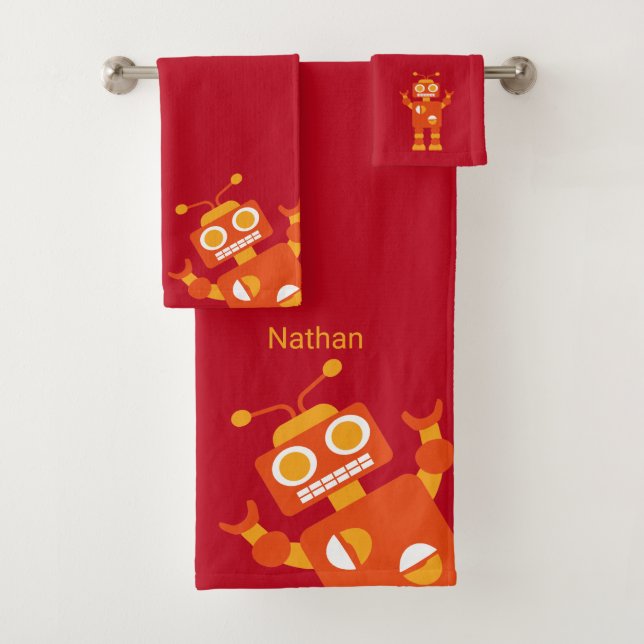 Kids Orange Red Robot Personalized Fun Bath Towel Set (Insitu)