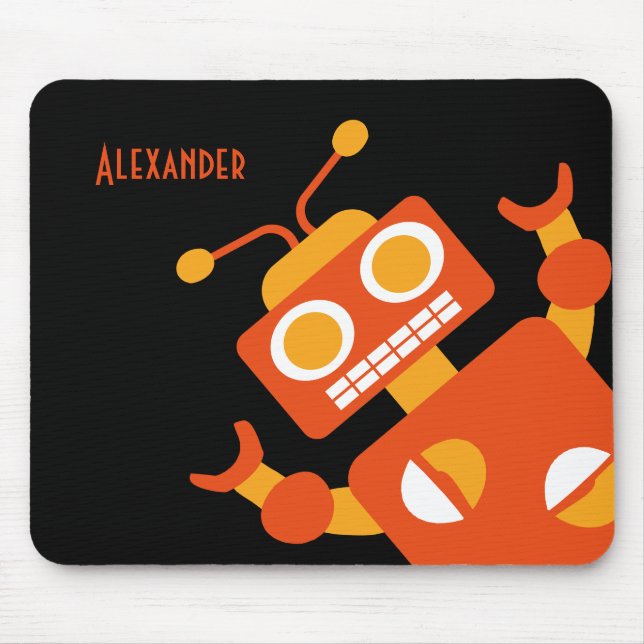 Kids Orange Robot Personalized Cool Modern Boys Mouse Pad (Front)