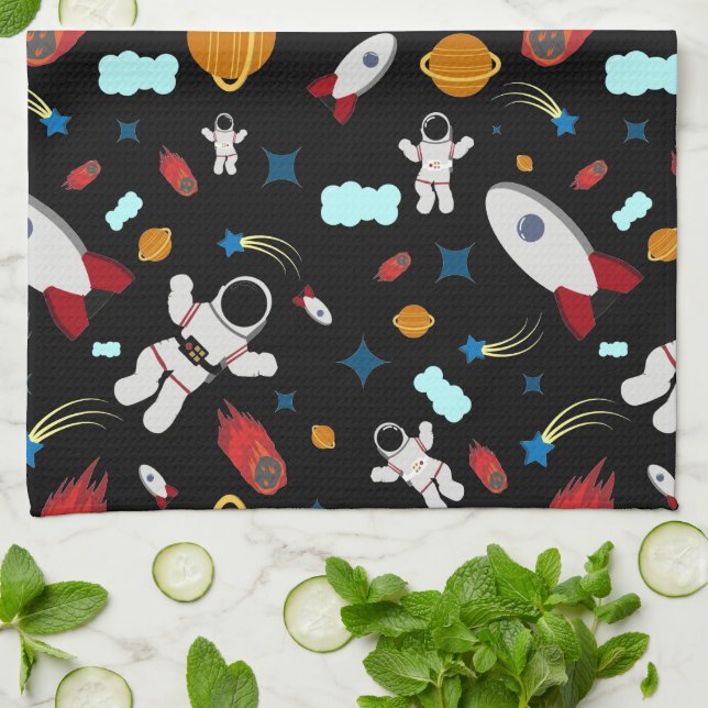 Kid's Outer Space & Astronaut Pattern Kitchen Towel (Folded)