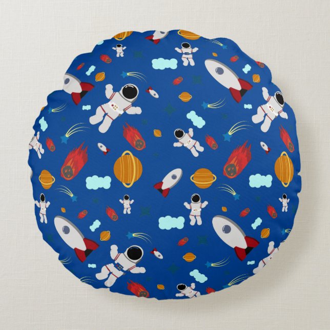Kid's Outer Space & Astronaut Pattern Round Pillow (Front)