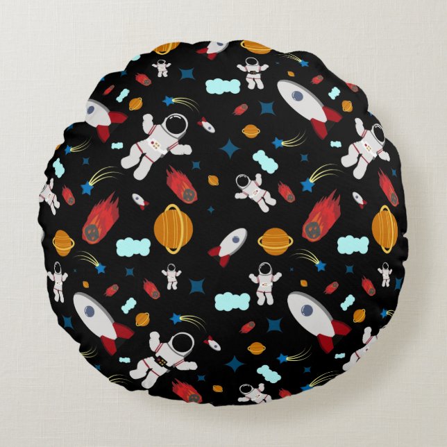 Kid's Outer Space & Astronaut Pattern Round Pillow (Front)