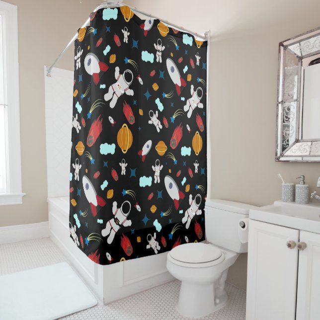 Kid's Outer Space & Astronaut Pattern Shower Curtain (In Situ)