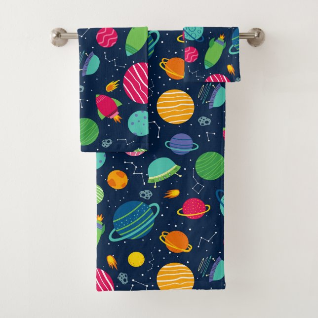 Kids Outer Space Rockets Planets Constellations Bath Towel Set (Insitu)