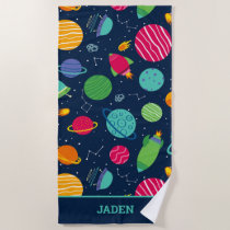 Kids Outer Space Rockets Planets Constellations  Beach Towel