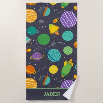 Kids Outer Space Rockets Planets Constellations Beach Towel by LilPartyPlanners at Zazzle