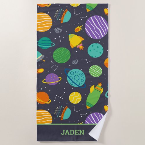 Kids Outer Space Rockets Planets Constellations Beach Towel