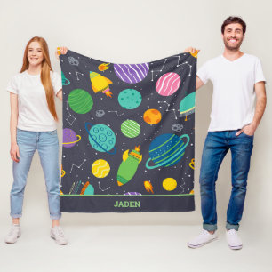 Kids Outer Space Rockets Planets Constellations Fleece Blanket