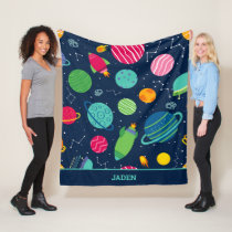 Kids Outer Space Rockets Planets Constellations Fleece Blanket