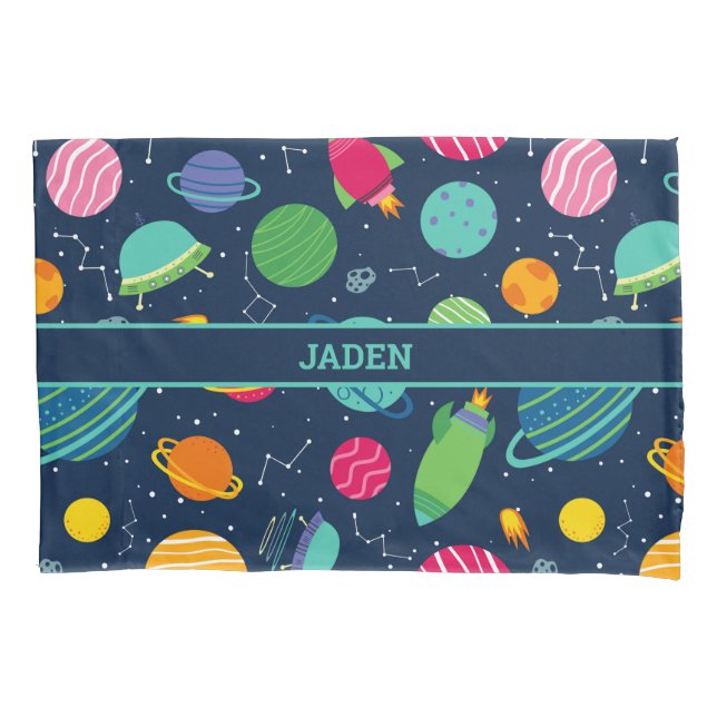 Kids Outer Space Rockets Planets Constellations Pillow Case (Front)