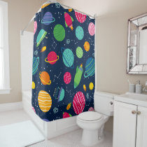 Kids Outer Space Rockets Planets Constellations Shower Curtain