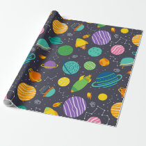 Kids Outer Space Rockets Planets Constellations Wrapping Paper