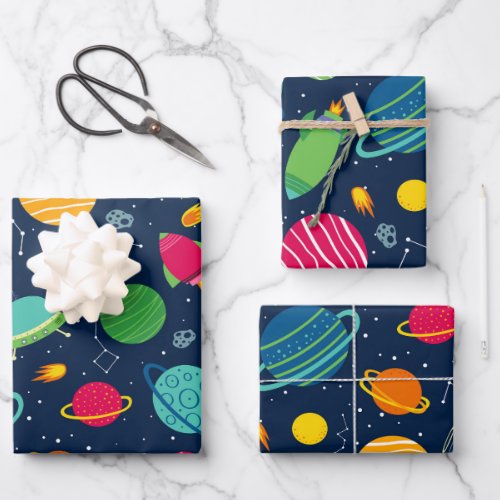 Kids Outer Space Rockets Planets Constellations Wrapping Paper Sheets