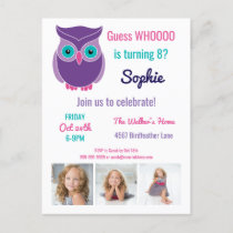 Kids Owl Birthday Party Cute Animal Custom Photo Invitation Postcard
