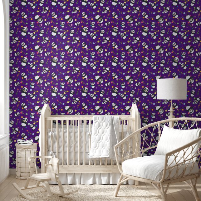 Kids panda polka dot pattern purple background wallpaper  (Kids)